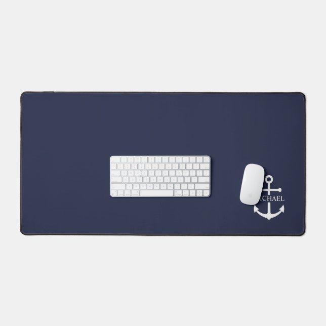 Nautical Navy Blue Anchor Personalized Name Desk Mat (Keyboard & Mouse)