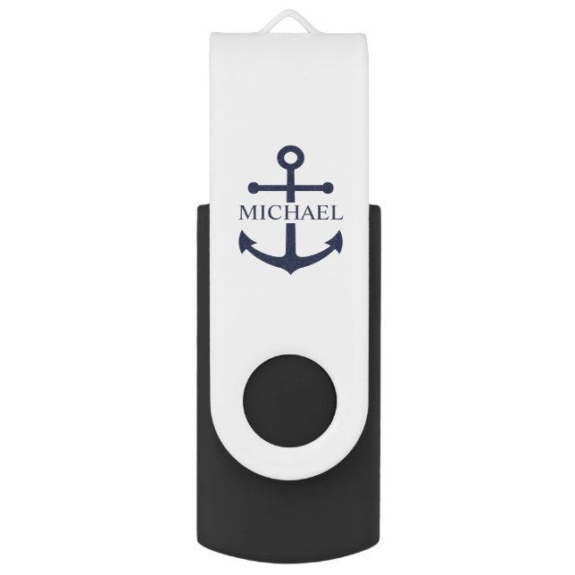 Nautical Navy Blue Anchor Personalized Name Flash Drive (Front Vertical)
