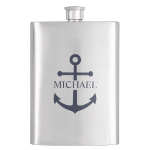 Nautical Navy Blue Anchor Personalized Name Flask