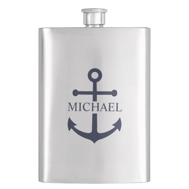 Nautical Navy Blue Anchor Personalized Name Flask (Front)