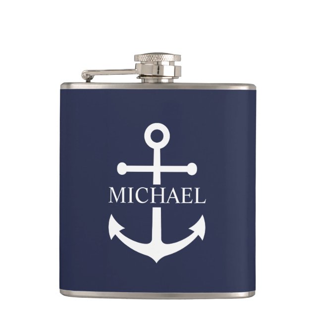 Nautical Navy Blue Anchor Personalized Name Flask (Front)