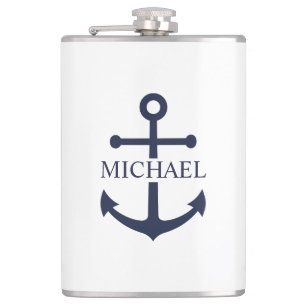 Nautical Navy Blue Anchor Personalized Name Flask
