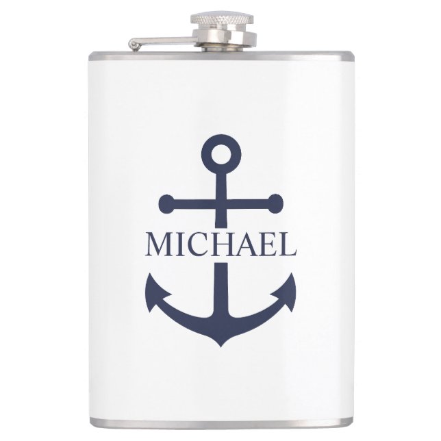 Nautical Navy Blue Anchor Personalized Name Flask (Front)