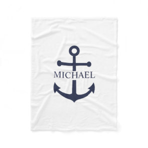 Nautical Navy Blue Anchor Personalized Name Fleece Blanket
