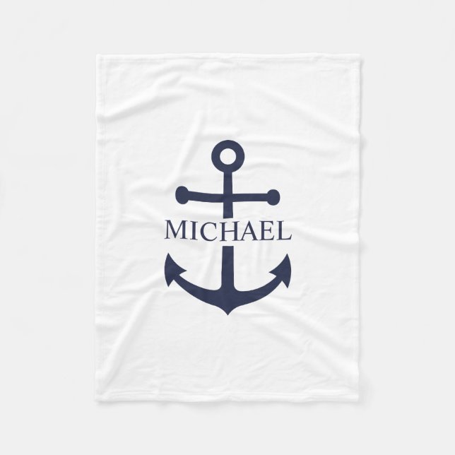 Nautical Navy Blue Anchor Personalized Name Fleece Blanket (Front)