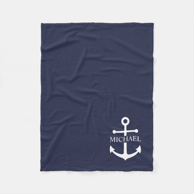 Nautical Navy Blue Anchor Personalized Name Fleece Blanket (Front)