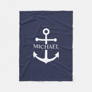 Nautical Navy Blue Anchor Personalized Name Fleece Blanket