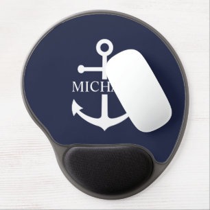 Nautical Navy Blue Anchor Personalized Name Gel Mouse Pad