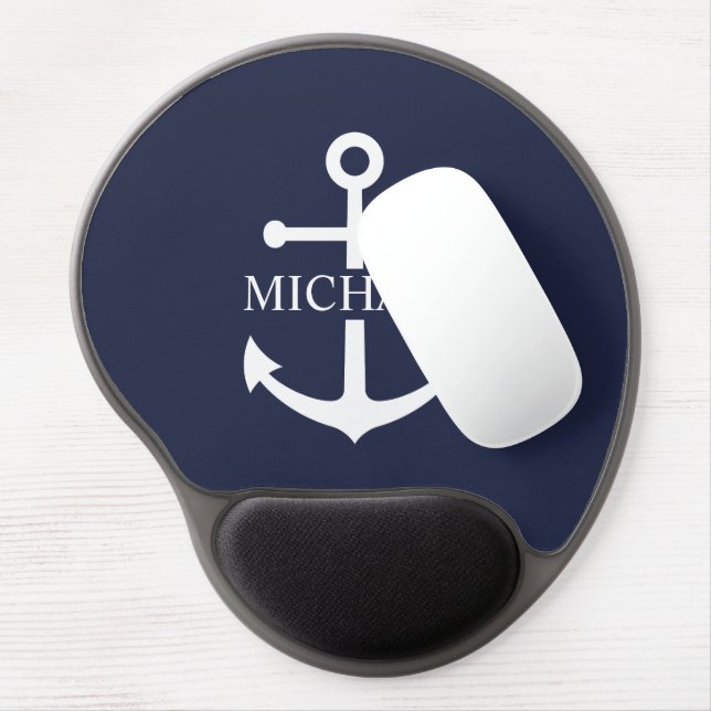 Nautical Navy Blue Anchor Personalized Name Gel Mouse Pad (Left Side)