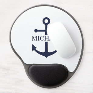 Nautical Navy Blue Anchor Personalized Name Gel Mouse Pad