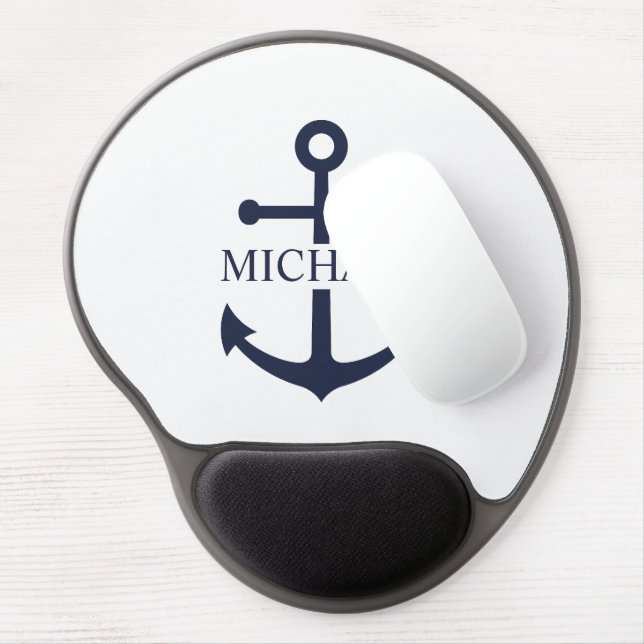 Nautical Navy Blue Anchor Personalized Name Gel Mouse Pad (Left Side)