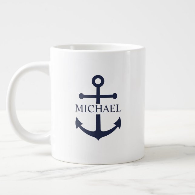 Nautical Navy Blue Anchor Personalized Name Giant Coffee Mug (Left)