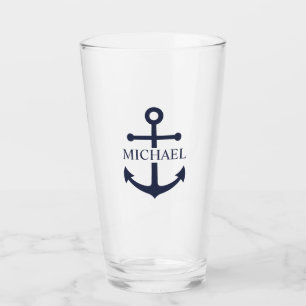 Nautical Navy Blue Anchor Personalized Name Glass