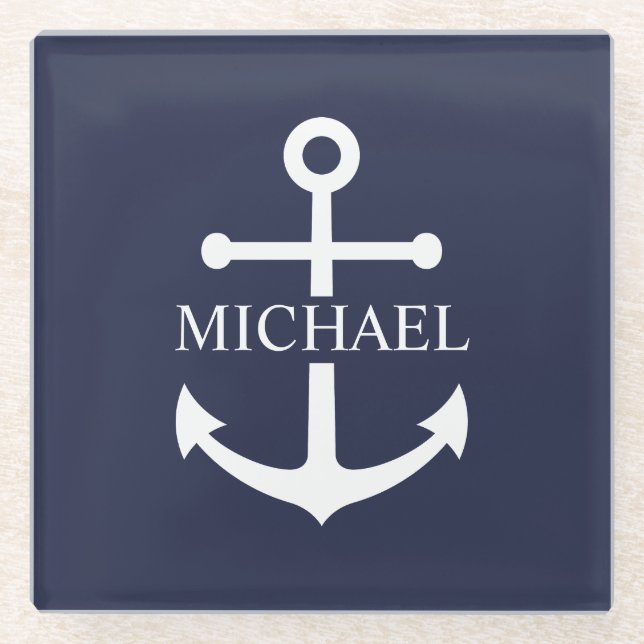 Nautical Navy Blue Anchor Personalized Name Glass Coaster (Front)