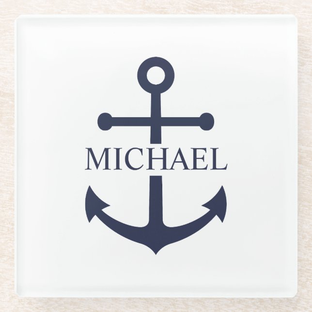 Nautical Navy Blue Anchor Personalized Name Glass Coaster (Front)
