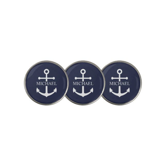 Nautical Navy Blue Anchor Personalized Name Golf Ball Marker (3 Up)