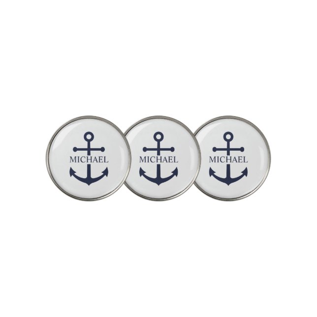 Nautical Navy Blue Anchor Personalized Name Golf Ball Marker (3 Up)
