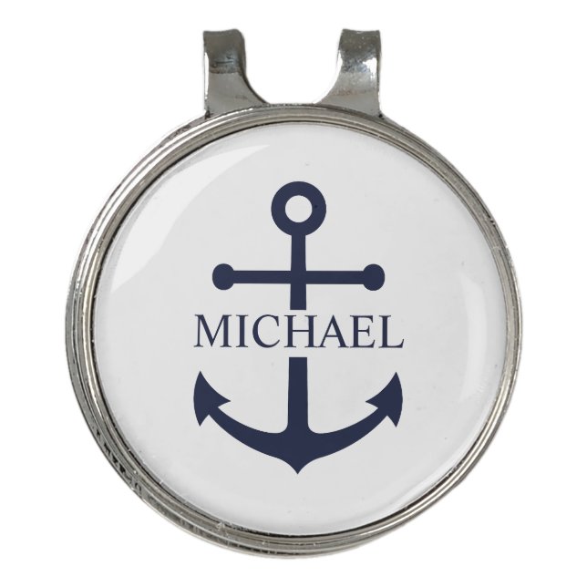 Nautical Navy Blue Anchor Personalized Name Golf Hat Clip (Front)