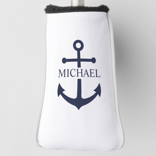 Nautical Navy Blue Anchor Personalized Name Golf Head Cover (Rotate 90)