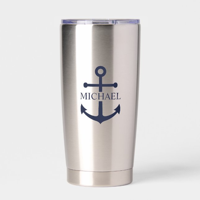 Nautical Navy Blue Anchor Personalized Name Insulated Tumbler (Front)