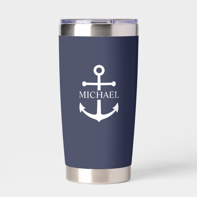 Nautical Navy Blue Anchor Personalized Name Insulated Tumbler (Front)