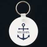 Nautical Navy Blue Anchor Personalized Name Keychain<br><div class="desc">This personalized gift features a navy blue anchor design with custom name in a classic navy serif font.
A thoughtful nautical gift idea for beach house décor, Father’s Day gift for dad, thank you gift for groomsmen, or a unique present for any special occasion.</div>