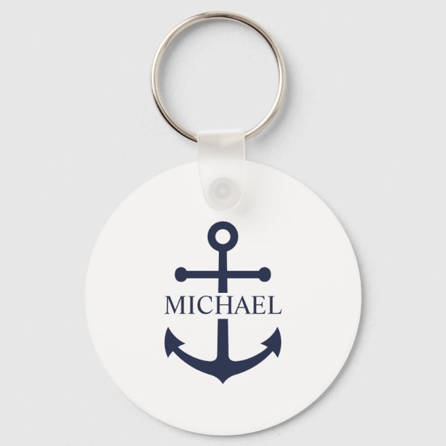 Nautical Navy Blue Anchor Personalized Name Keychain (Front)
