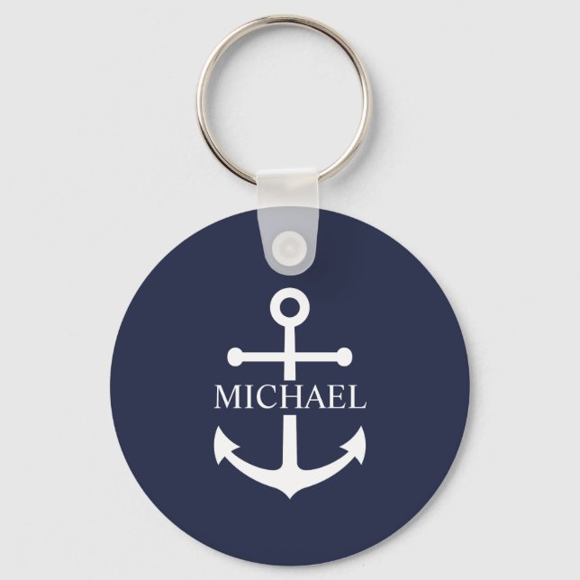 Nautical Navy Blue Anchor Personalized Name Keychain (Front)