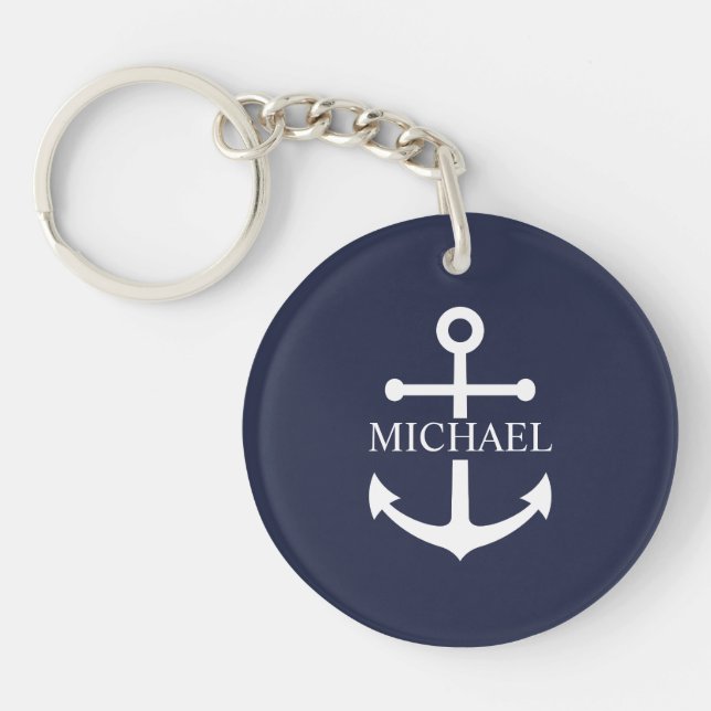 Nautical Navy Blue Anchor Personalized Name Keychain (Front)