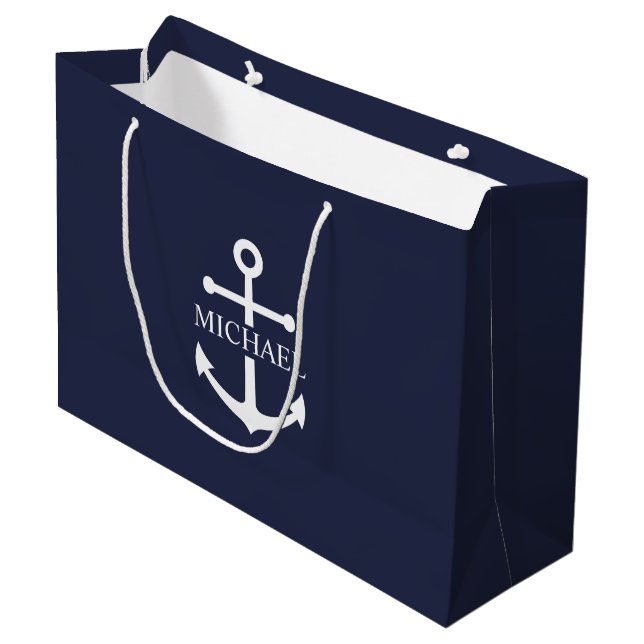 Nautical Navy Blue Anchor Personalized Name Large Gift Bag (Front Angled)