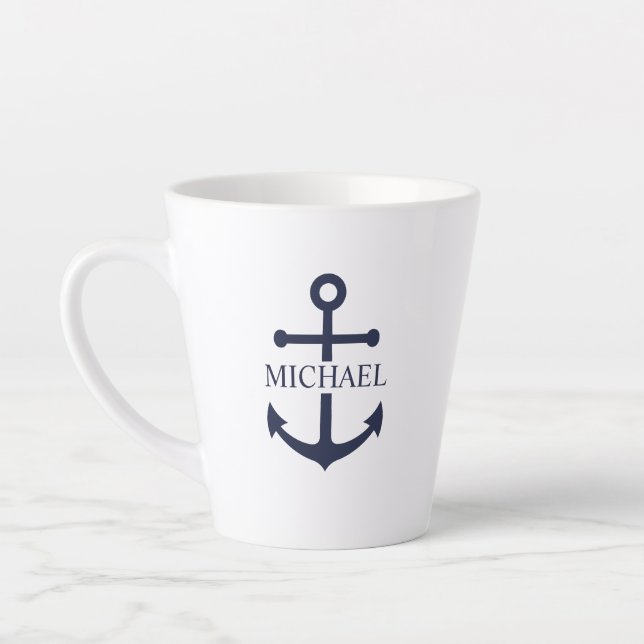 Nautical Navy Blue Anchor Personalized Name Latte Mug (Left)