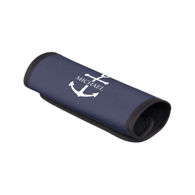 Nautical Navy Blue Anchor Personalized Name Luggage Handle Wrap (Angled)