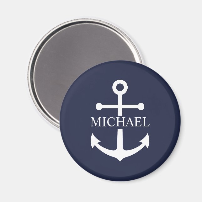 Nautical Navy Blue Anchor Personalized Name Magnet (Front/Back)