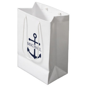 Nautical Navy Blue Anchor Personalized Name Medium Gift Bag