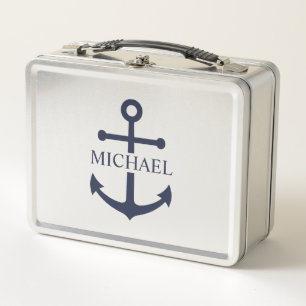 Nautical Navy Blue Anchor Personalized Name Metal Lunch Box