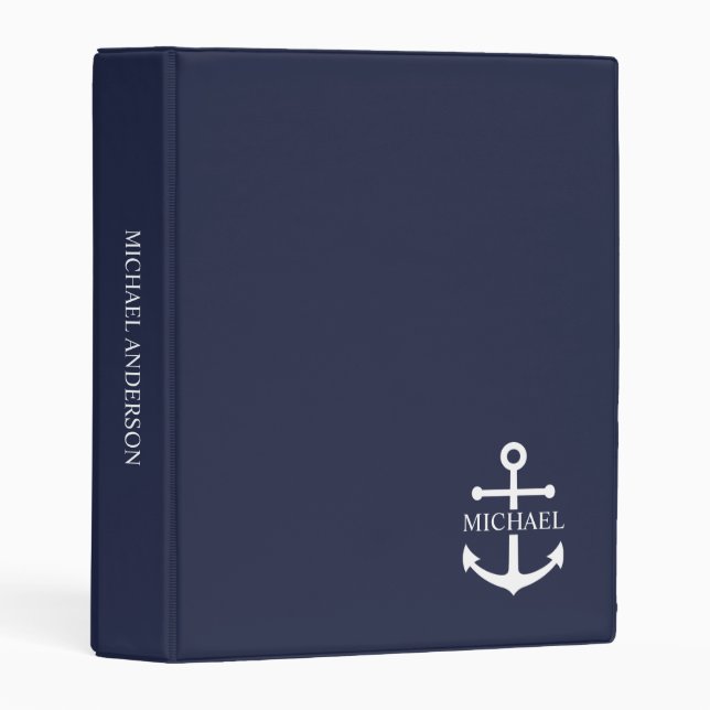 Nautical Navy Blue Anchor Personalized Name Mini Binder (Front/Spine)
