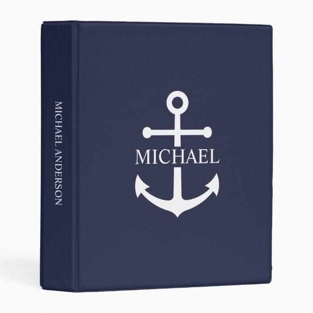 Nautical Navy Blue Anchor Personalized Name Mini Binder (Front/Spine)