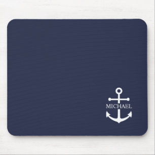 Nautical Navy Blue Anchor Personalized Name Mouse Pad