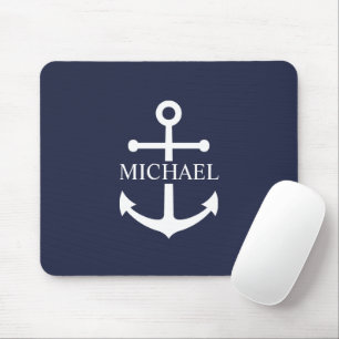 Nautical Navy Blue Anchor Personalized Name Mouse Pad