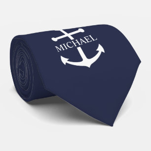 Nautical Navy Blue Anchor Personalized Name Neck Tie