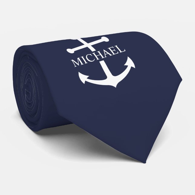 Nautical Navy Blue Anchor Personalized Name Neck Tie (Rolled)