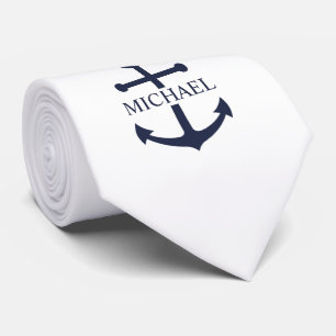 Nautical Navy Blue Anchor Personalized Name Neck Tie