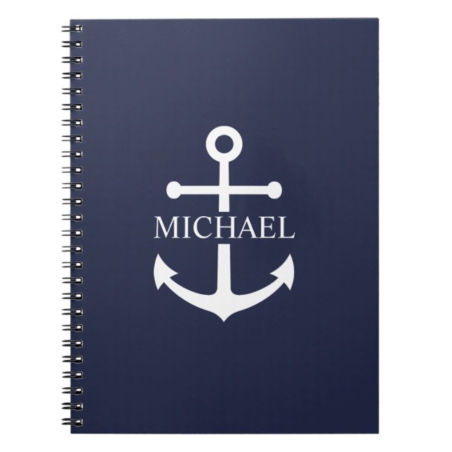 Nautical Navy Blue Anchor Personalized Name Notebook (Front)