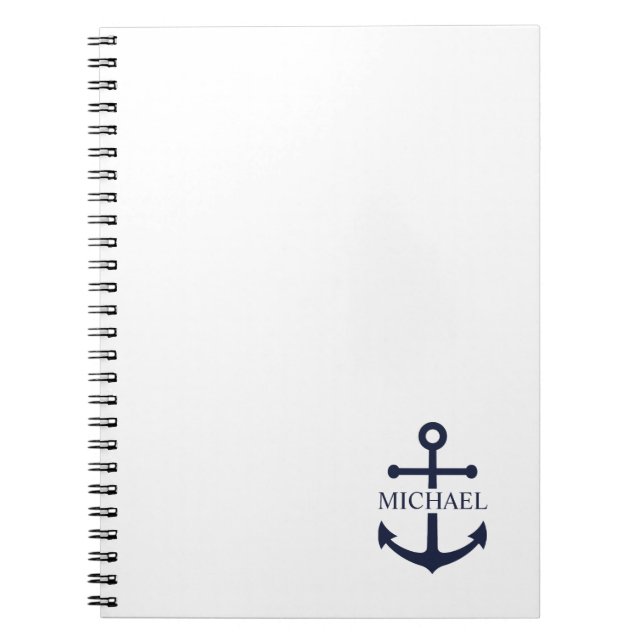 Nautical Navy Blue Anchor Personalized Name Notebook (Front)