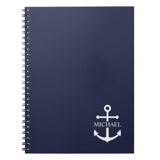 Nautical Navy Blue Anchor Personalized Name Notebook (Front)