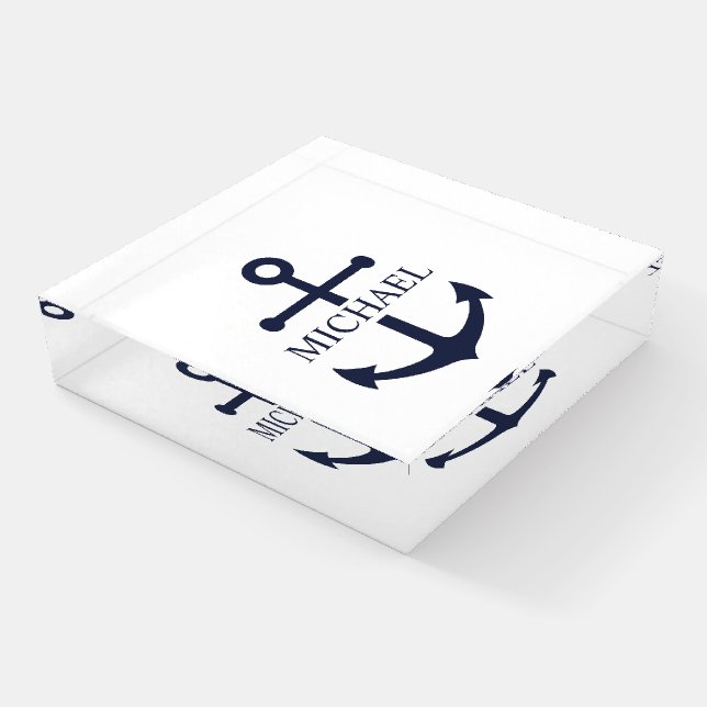 Nautical Navy Blue Anchor Personalized Name Paperweight (Angled)
