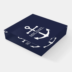 Nautical Navy Blue Anchor Personalized Name Paperweight