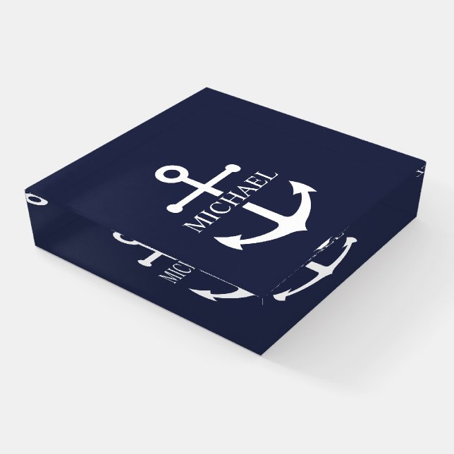 Nautical Navy Blue Anchor Personalized Name Paperweight (Angled)