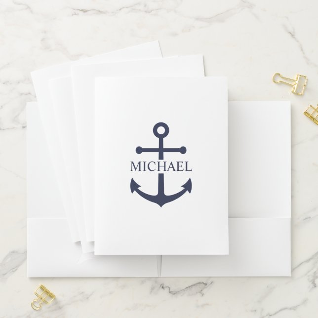 Nautical Navy Blue Anchor Personalized Name Pocket Folder (In Situ)