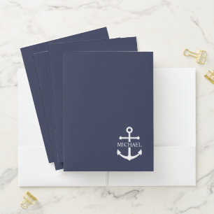 Nautical Navy Blue Anchor Personalized Name Pocket Folder